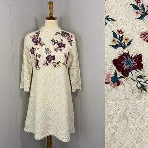Umgee Cream Lace High-Neck Dress w/ Embroidery